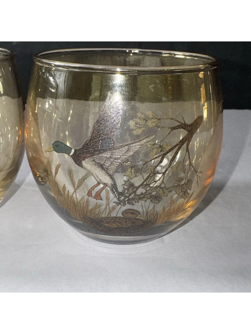1980s Duck Wildlife Lowball Glass Cups Mallard Hunting Barware Amber Iridescent